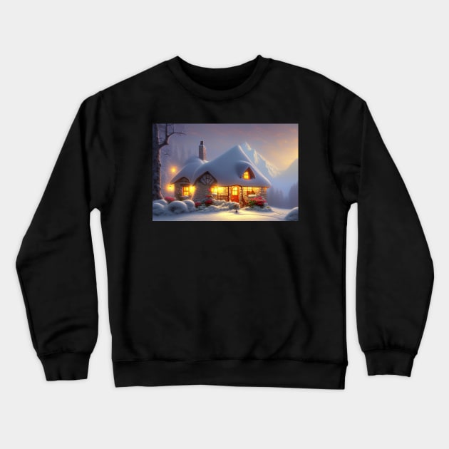 Magical Fantasy House with Lights in a Snowy Scene, Fantasy Cottagecore artwork Crewneck Sweatshirt by Promen Art